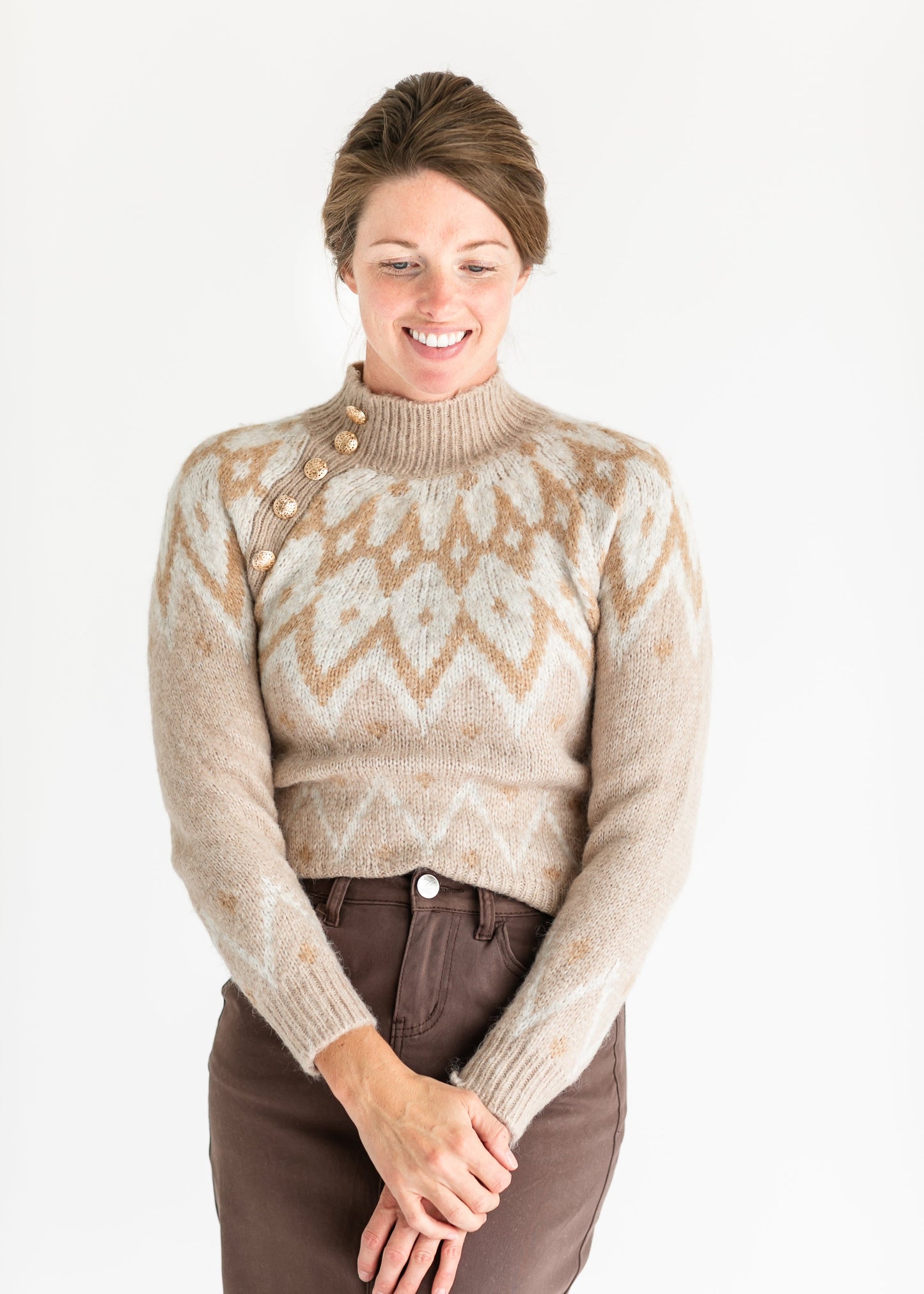 Fair Isle Knit Gold Button Sweater FF Tops