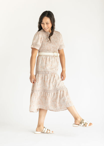 Floral and Lace Tiered Smocked Midi Dress FF Dresses