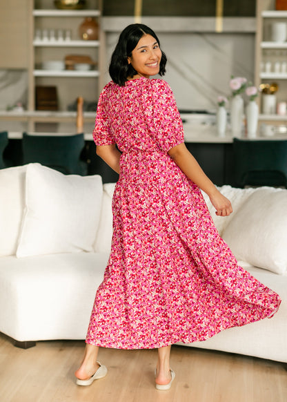 Floral Print Rose Pink Tiered Maxi Dress FF Dresses