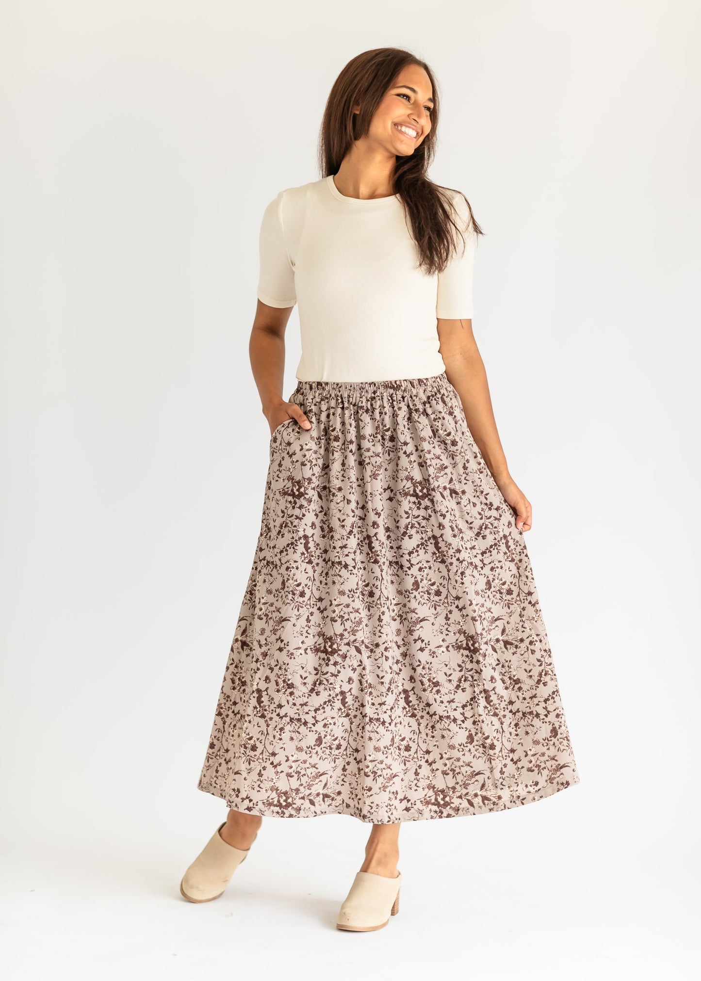 Floral Print Stretch Waist Midi Skirt FF Skirts