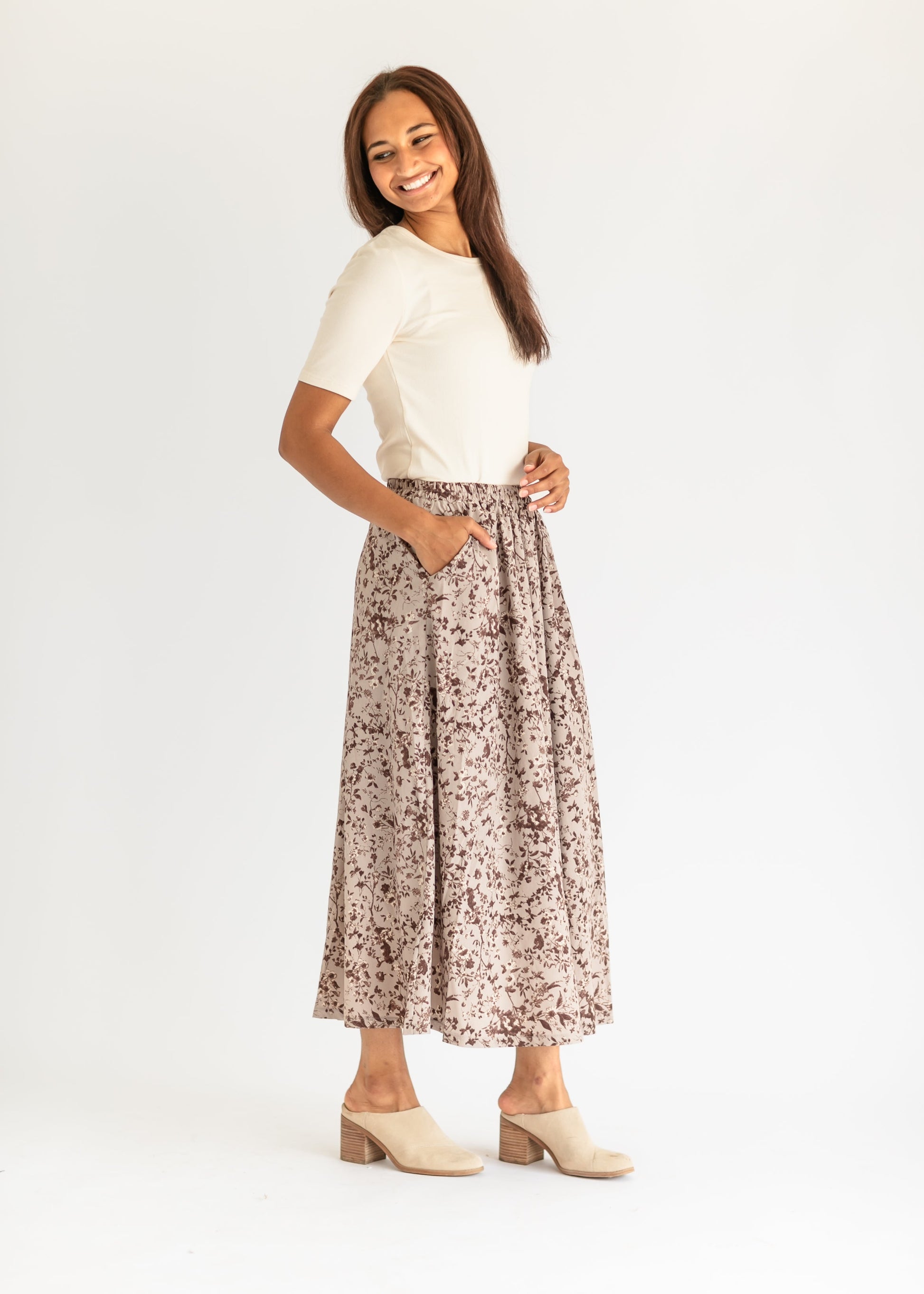 Floral Print Stretch Waist Midi Skirt FF Skirts