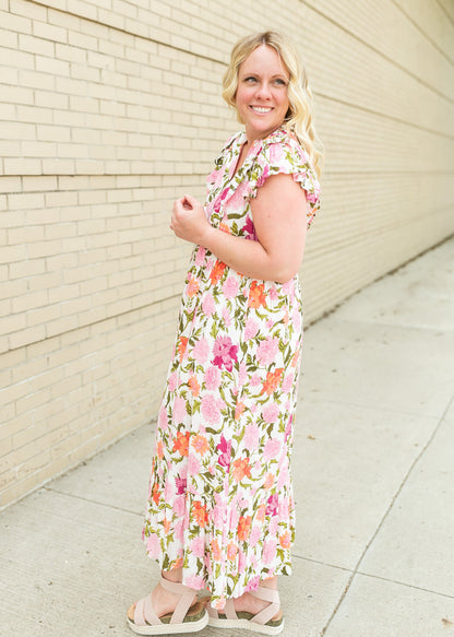 Floral Print White Midi Dress Dresses