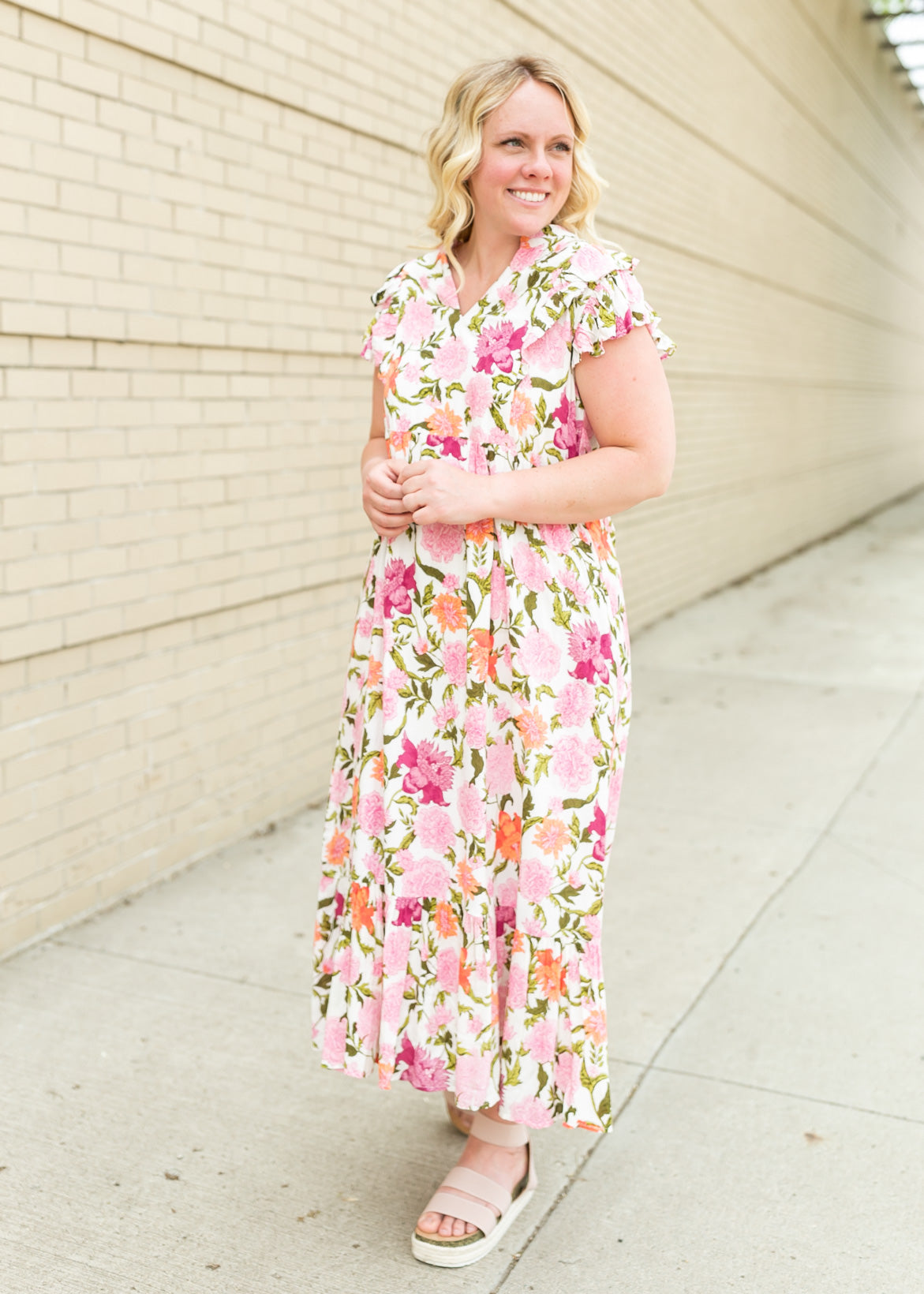 Floral Print White Midi Dress Dresses