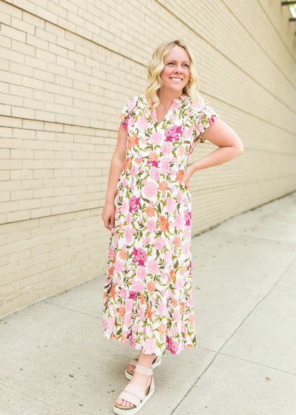 Floral Print White Midi Dress Dresses