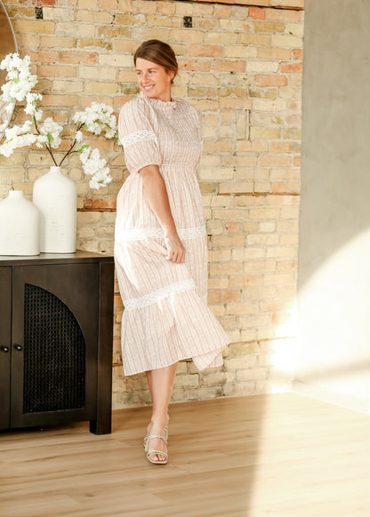 Floral Striped Eyelet Lace Smocked Maxi Dress FF Dresses