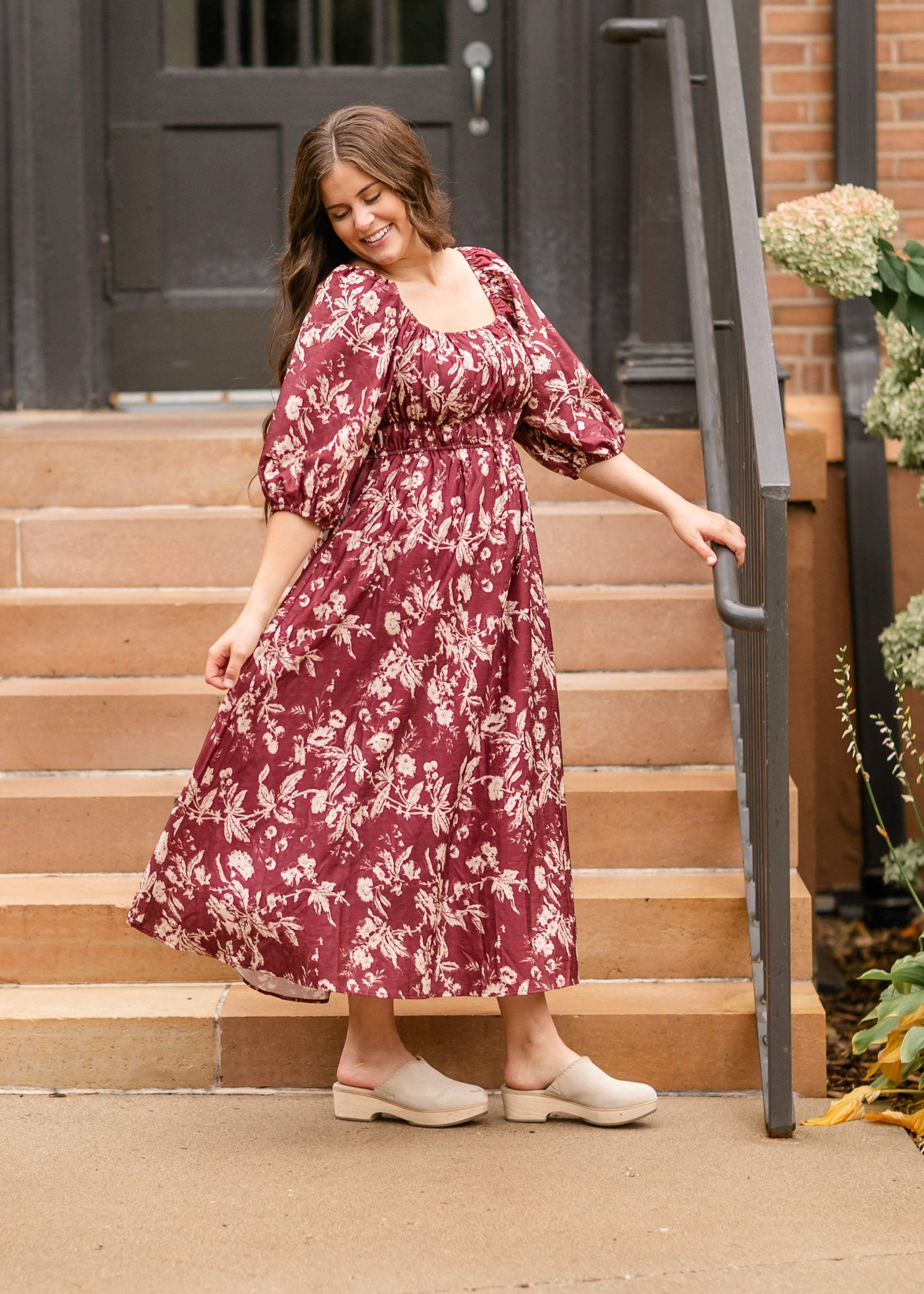 Floral Textured Print Burgundy Midi Dress FF Dresses