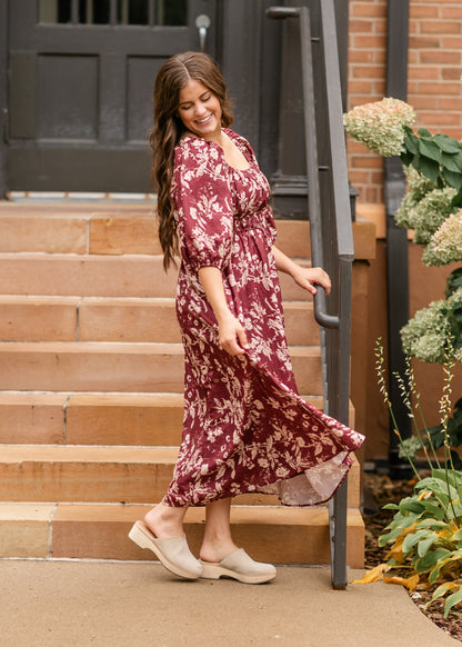 Floral Textured Print Burgundy Midi Dress FF Dresses