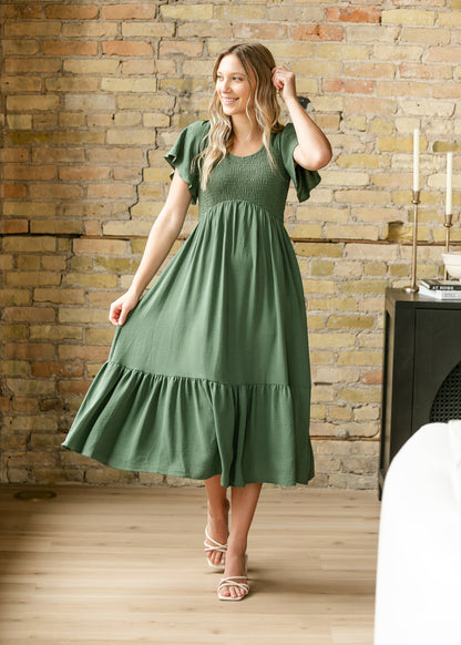 Flutter Sleeve Smocked Green Midi Dress FF Dresses