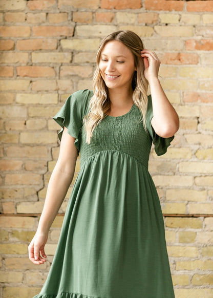 Flutter Sleeve Smocked Green Midi Dress FF Dresses