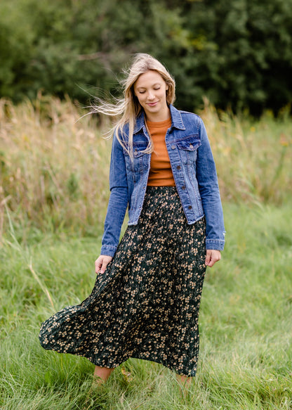 Forest Green Floral Pleated Maxi Skirt IC Skirts