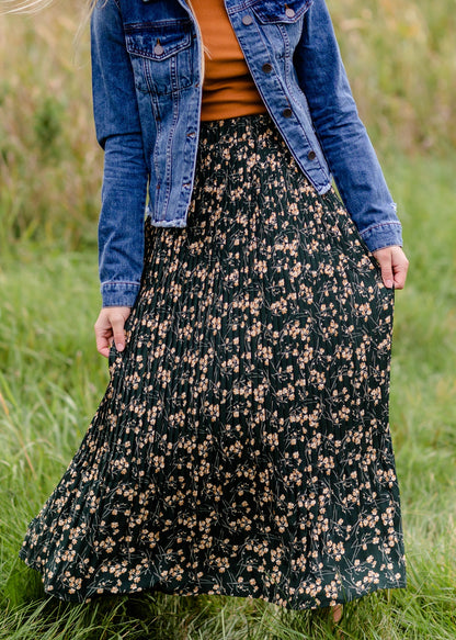 Forest Green Floral Pleated Maxi Skirt IC Skirts