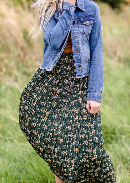 Forest Green Floral Pleated Maxi Skirt IC Skirts