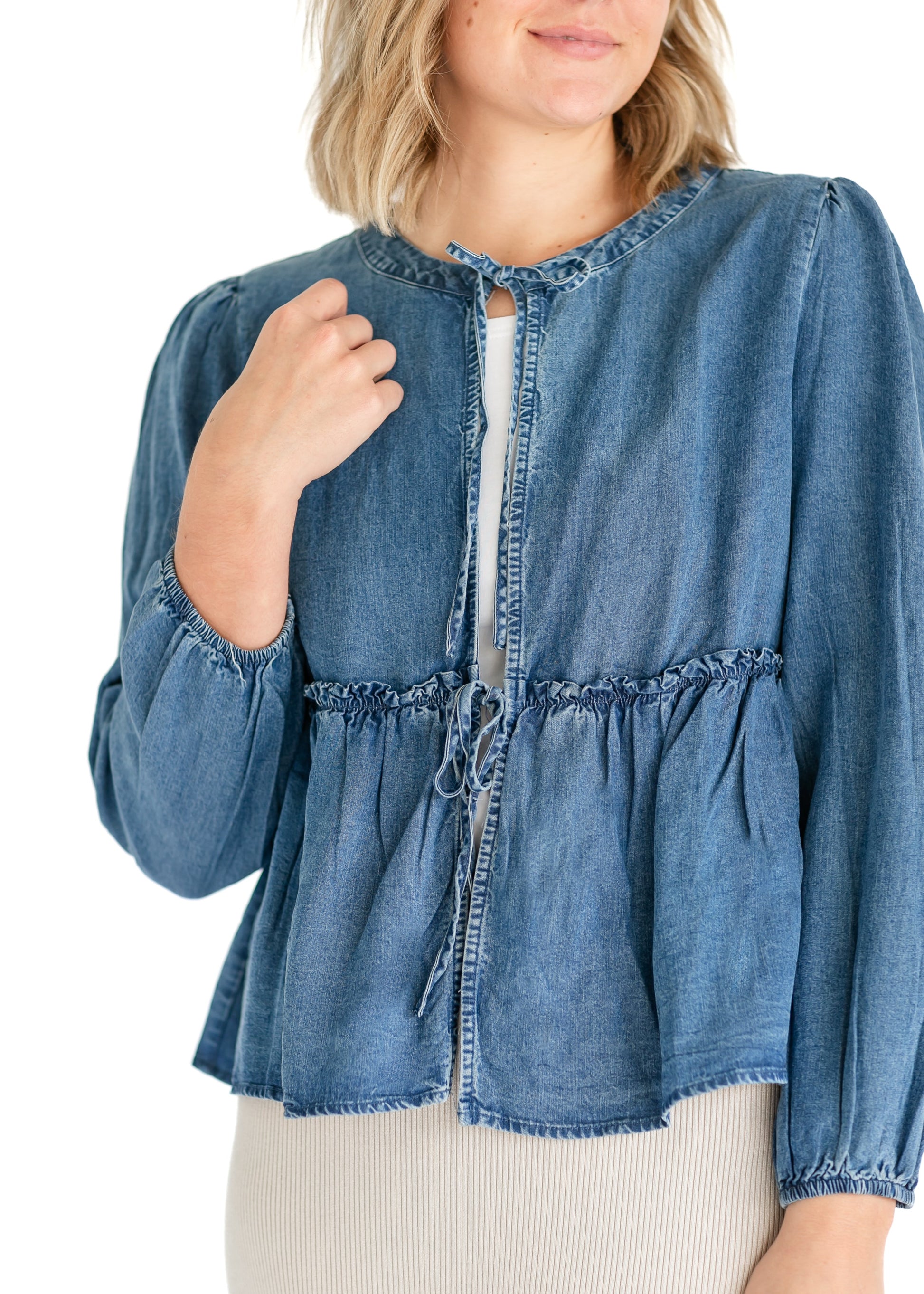 Front Tie Long Sleeve Chambray Top FF Tops