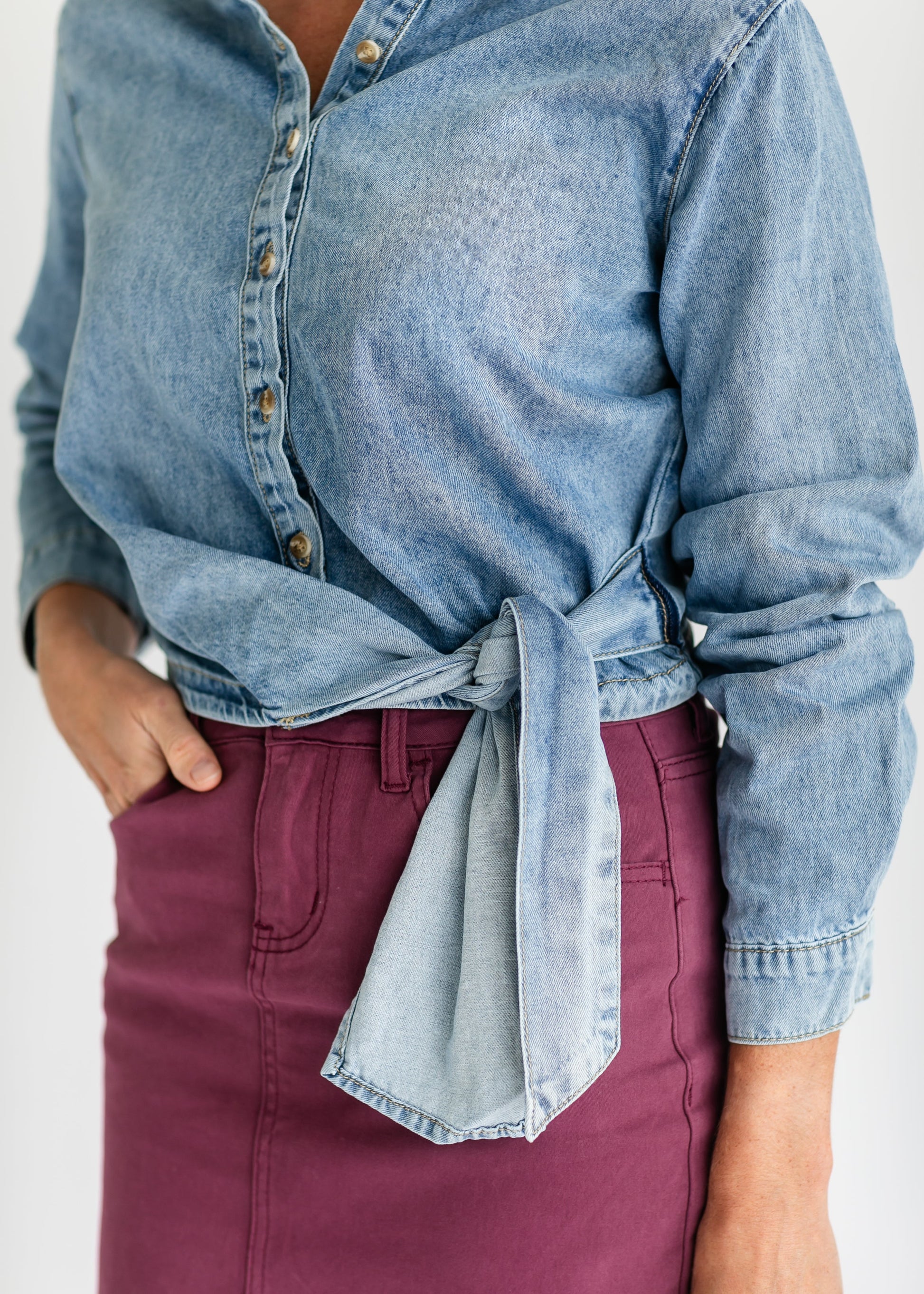 Front Tie Short Sleeve Denim Top FF Tops