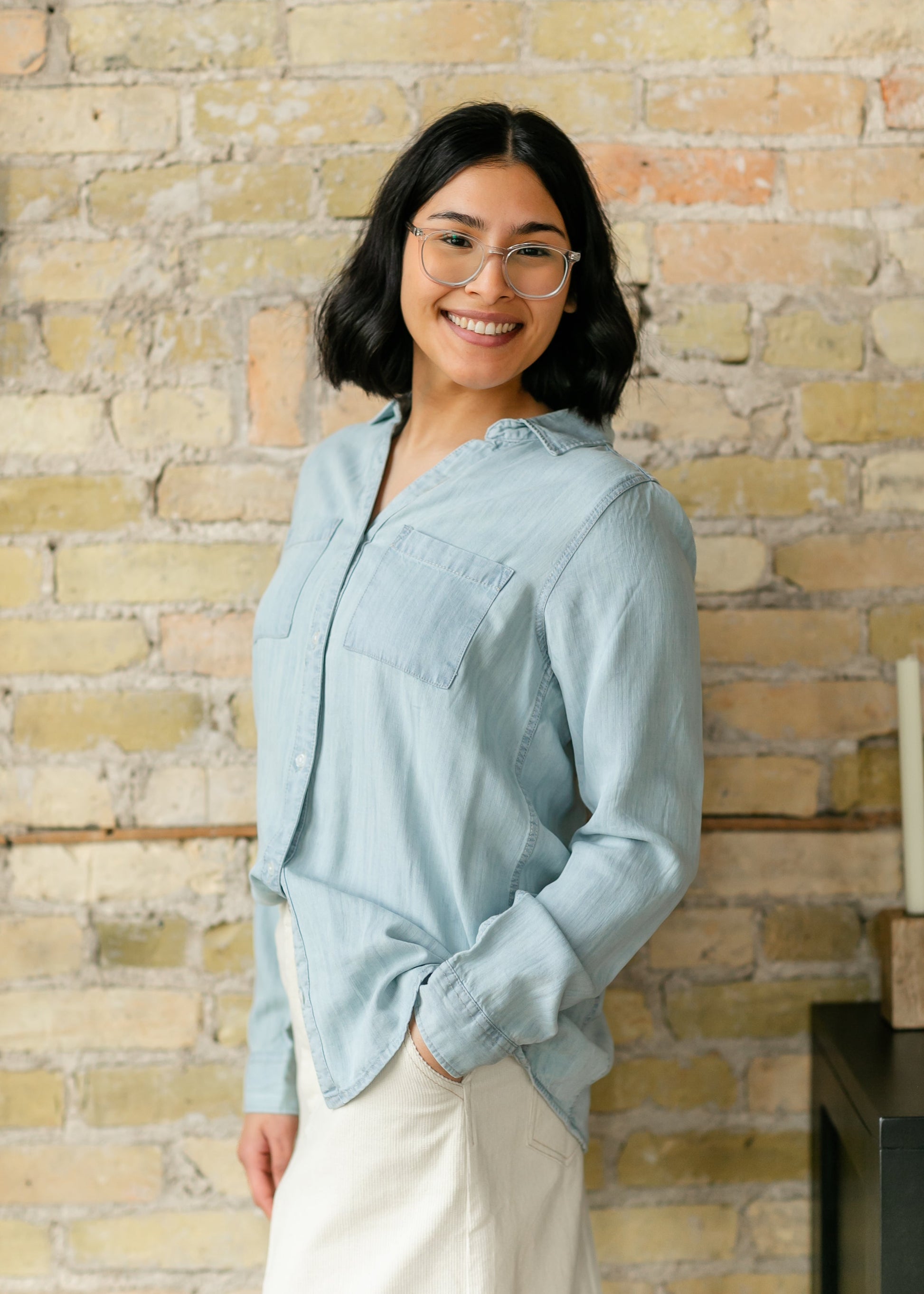 Ginger Chambray Button Up Long Sleeve Top FF Tops