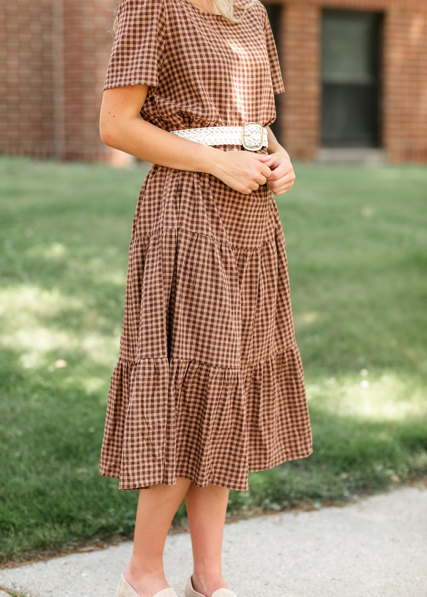 Gingham Brown Tiered Maxi Dress FF Dresses