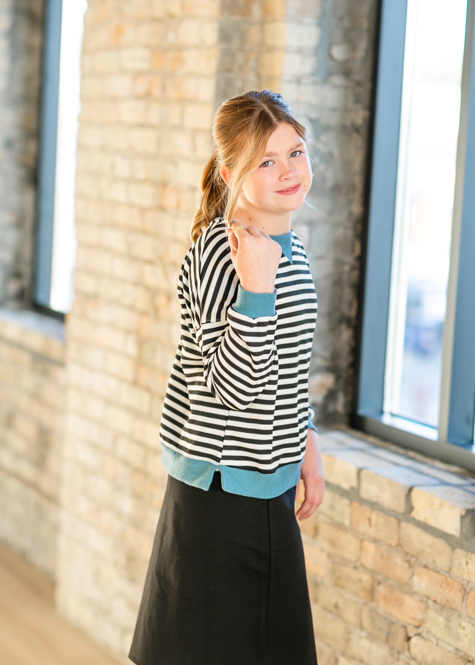 Girl's Black Stripe Turquoise Edge Top FF Girls