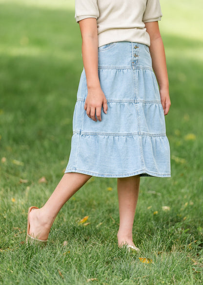 Girl's Front Button Tiered Denim Skirt FF Girls