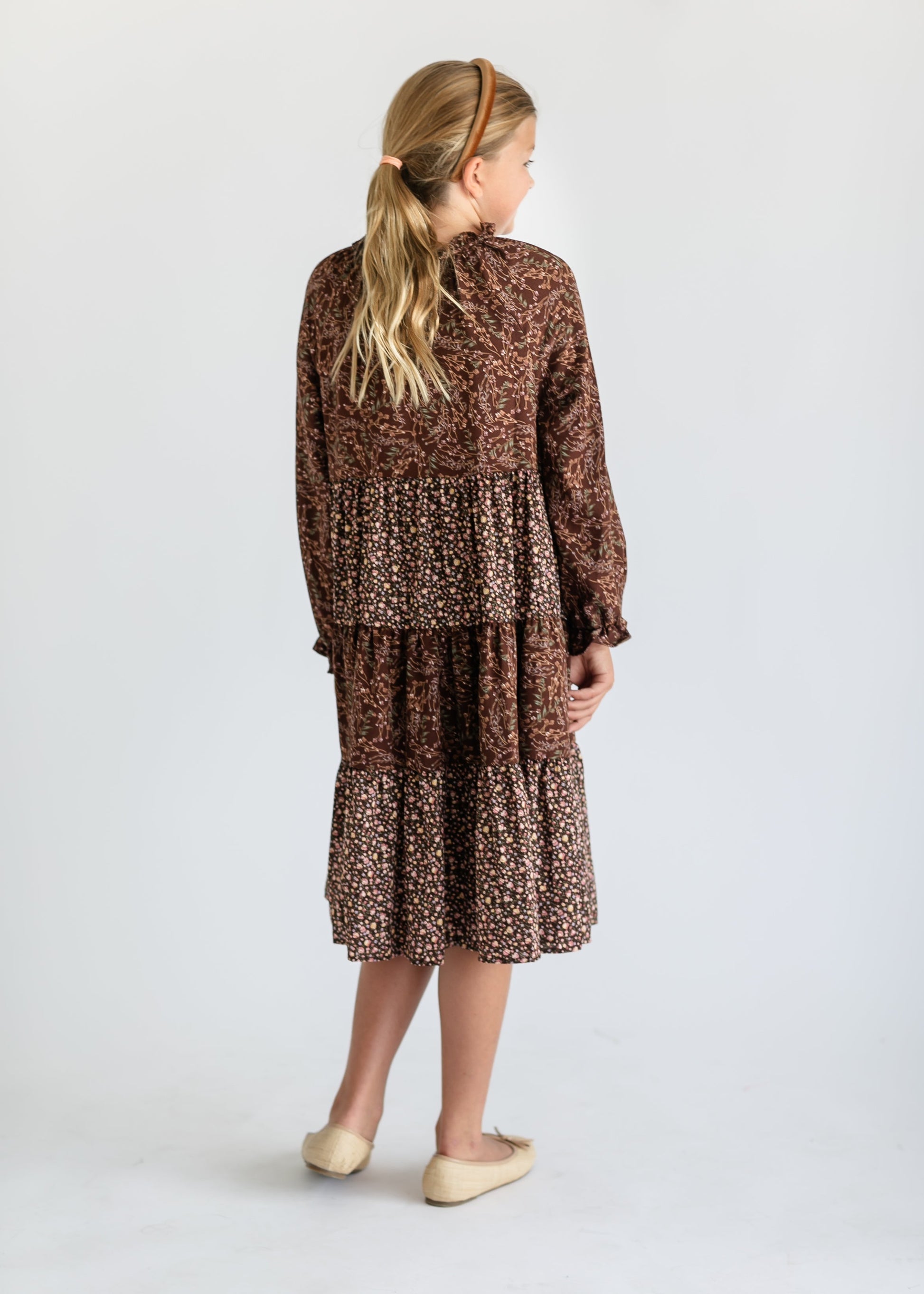 Girl's Long Sleeve Brown Floral Dress FF Dresses