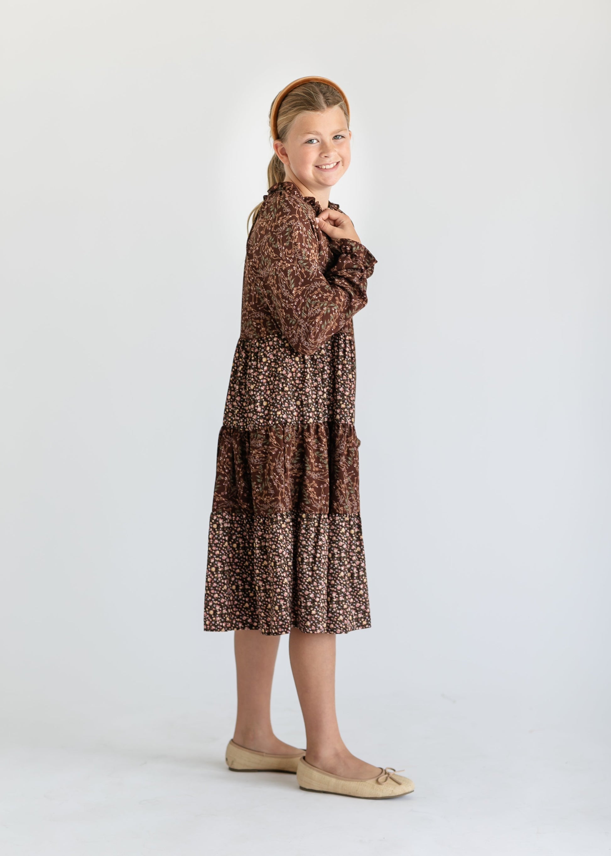 Girl's Long Sleeve Brown Floral Dress FF Dresses