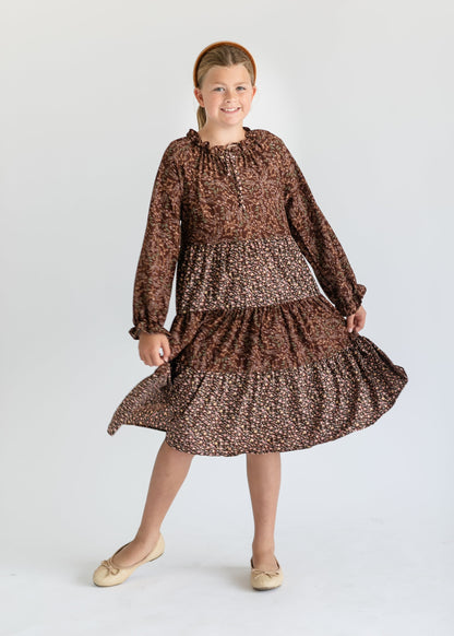 Girl's Long Sleeve Brown Floral Dress FF Dresses