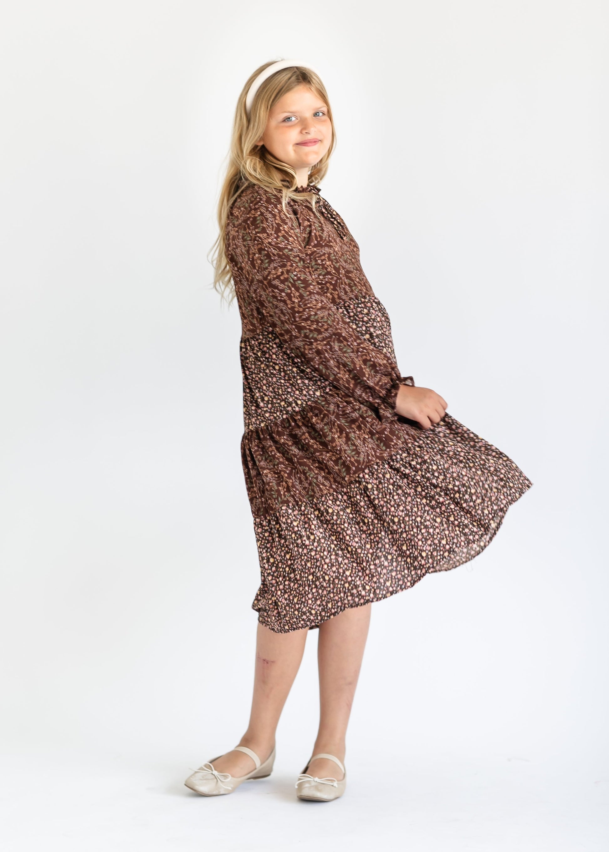 Girl's Long Sleeve Brown Floral Dress FF Dresses