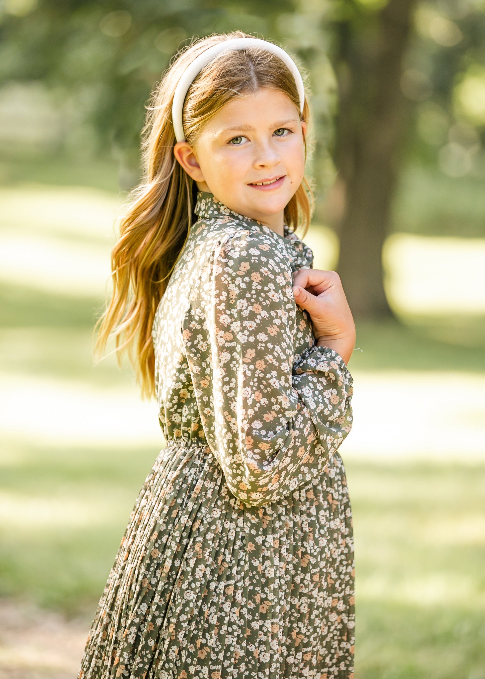 Girl's Long Sleeve Olive Floral Dress FF Dresses