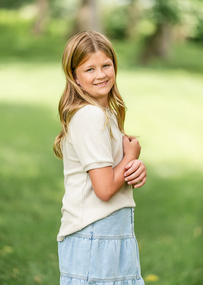 Girl's Ribbed Taupe Short Sleeve Top FF Girls