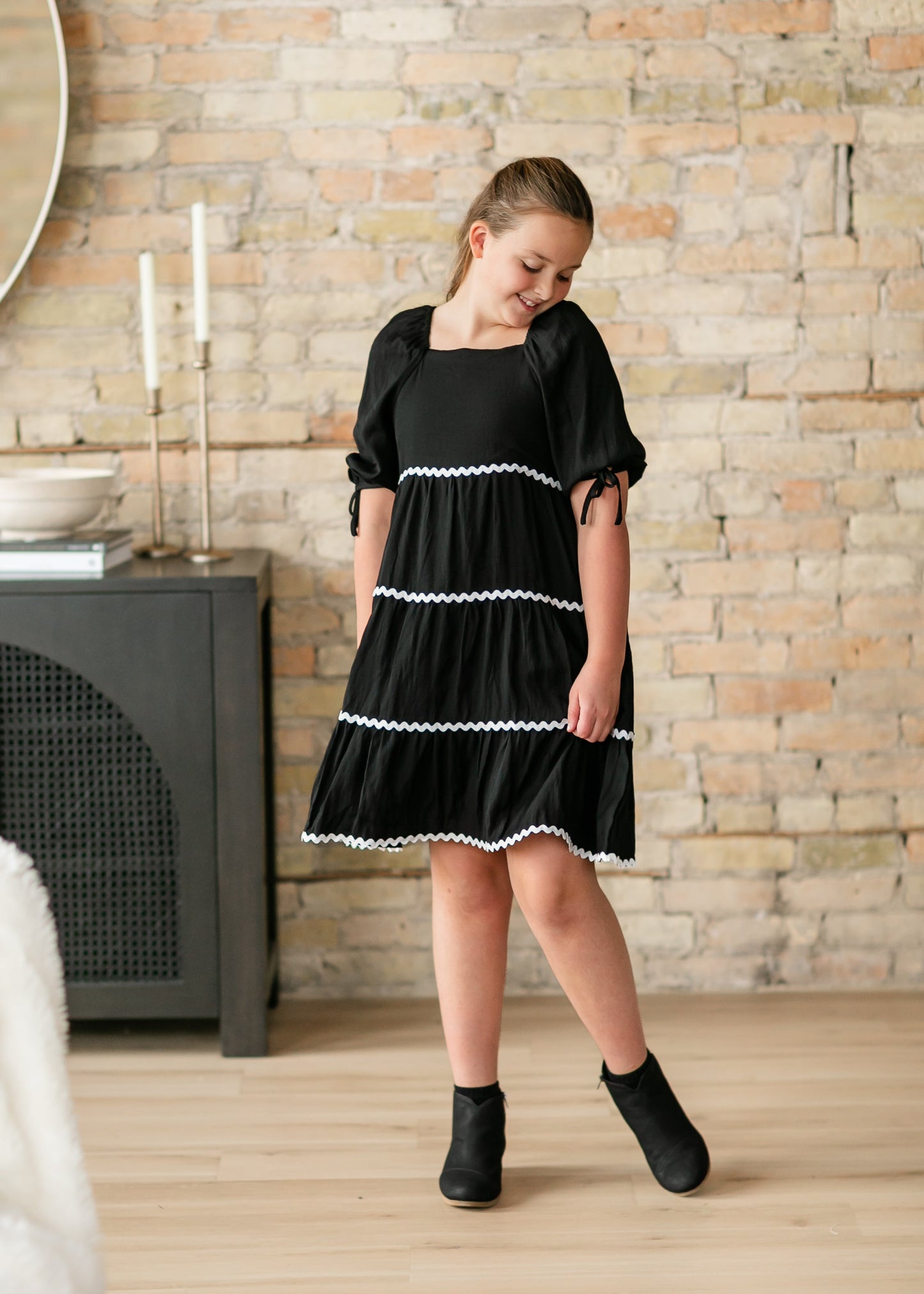 Girl's Ricrac Trimmed Tie Sleeve Black Midi Dress FF Girls