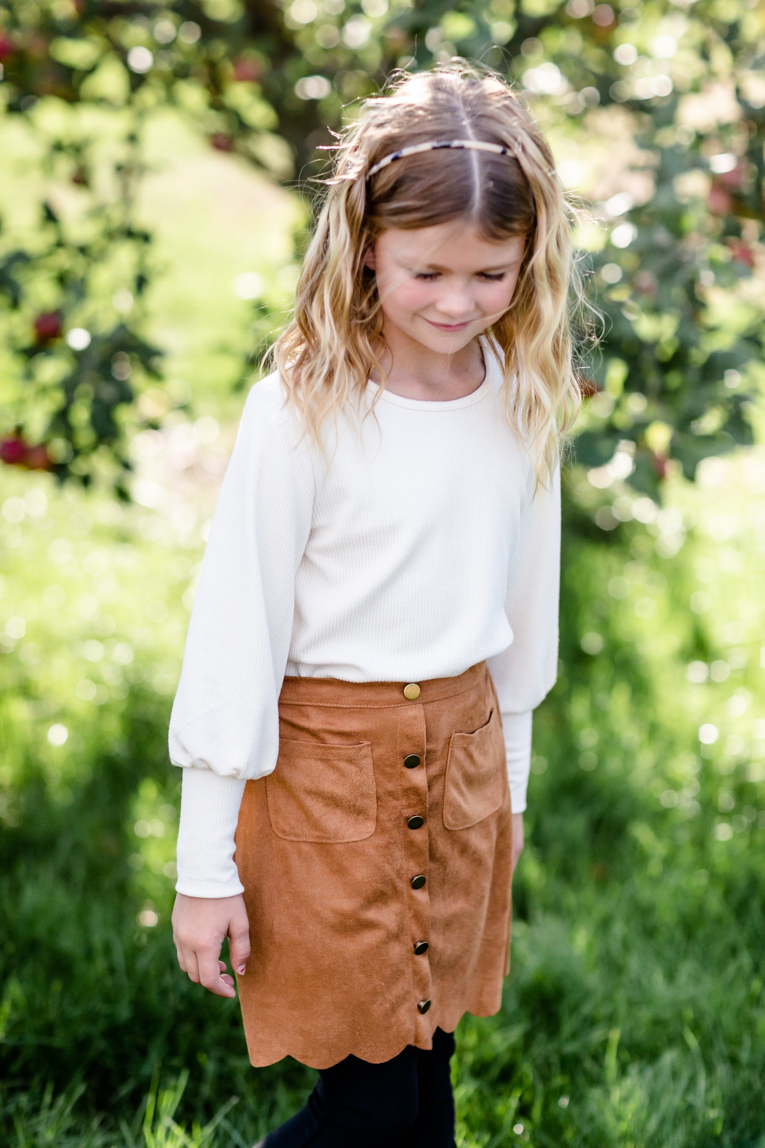 Girls Button Detail Camel Scalloped Midi Skirt FF Girls