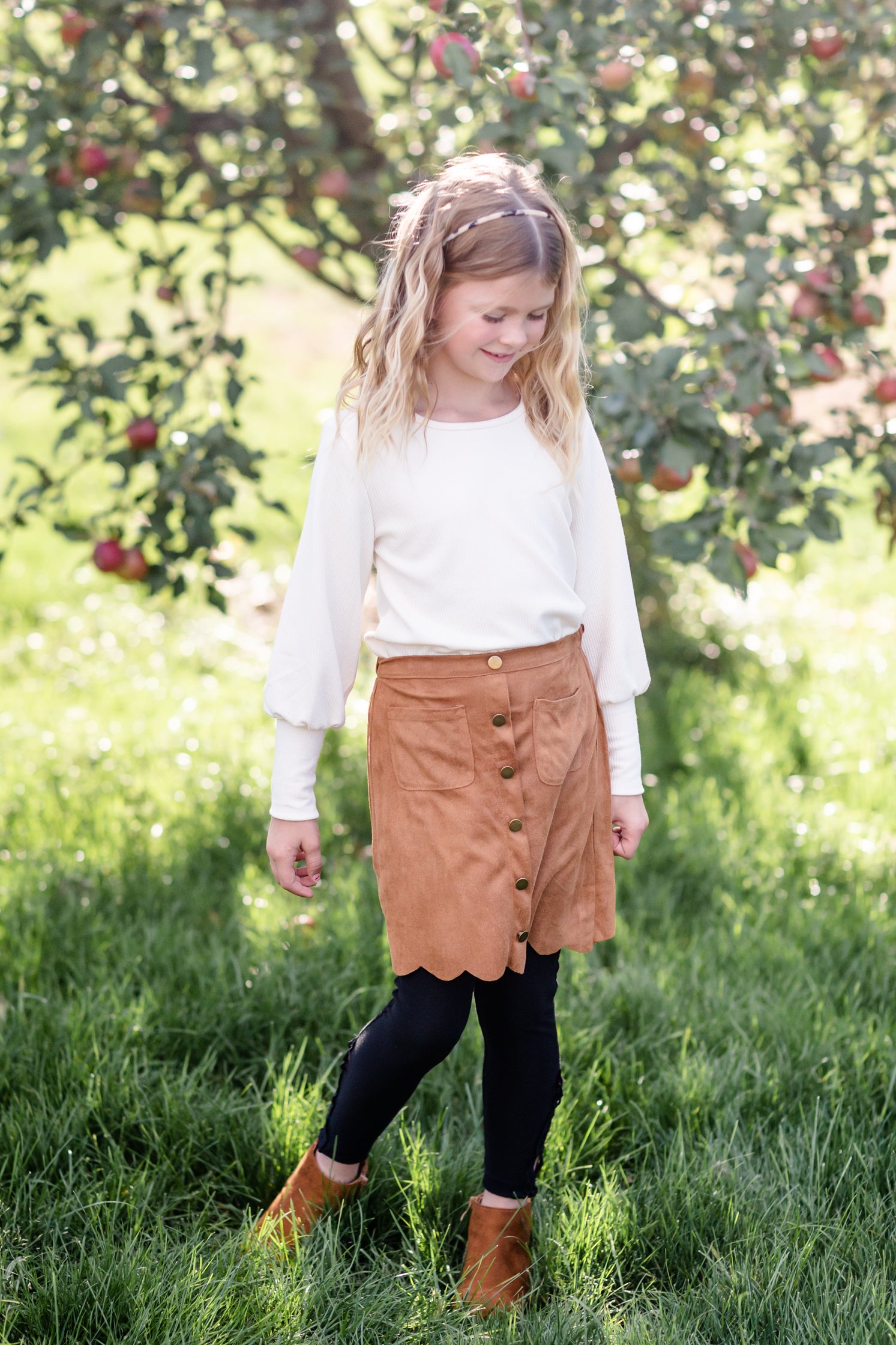 Girls Button Detail Camel Scalloped Midi Skirt FF Girls