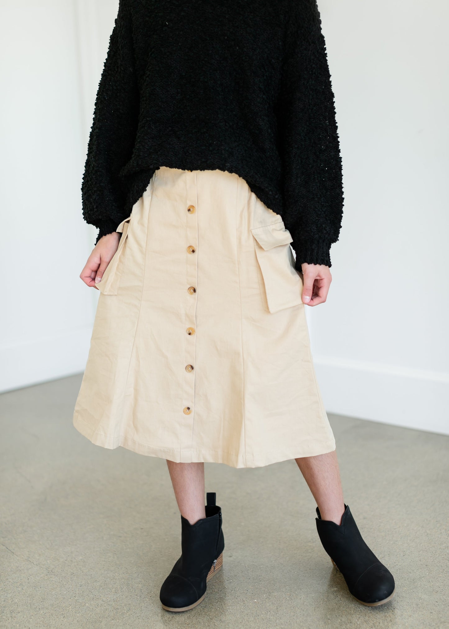 Girls Button Down Cargo Pocket Midi Skirt FF Girls