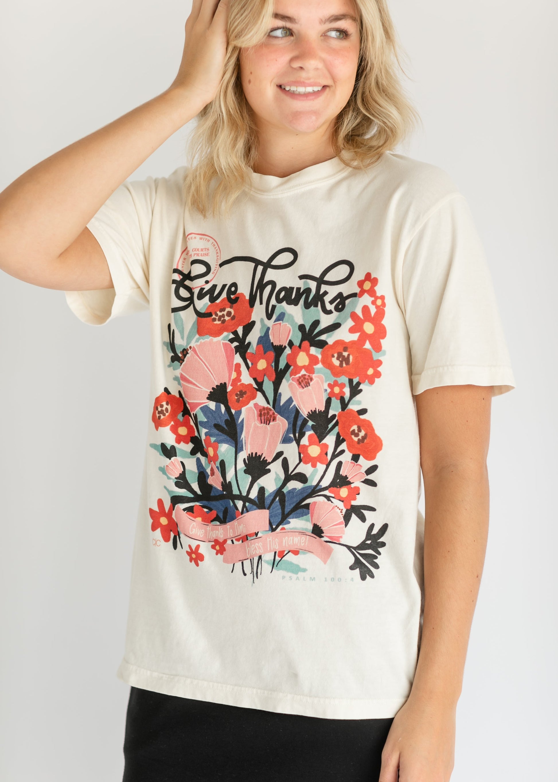 Give Thanks to Him Floral Graphic Tee FF Tops