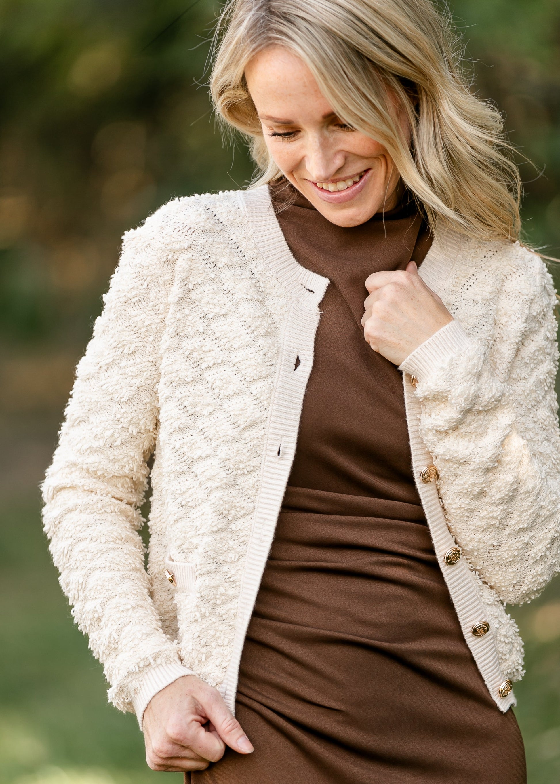 Gold Button Cream Textured Cardigan FF Tops