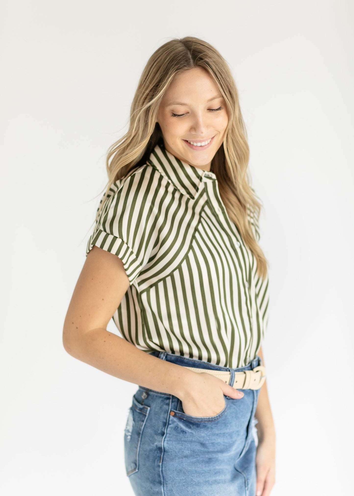 Hailey Green Striped Button Up Top FF Tops