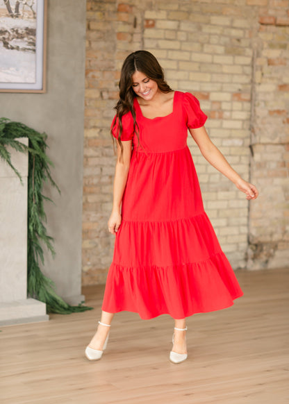 Harper Short Sleeve Tiered Red Maxi Dress FF Dresses