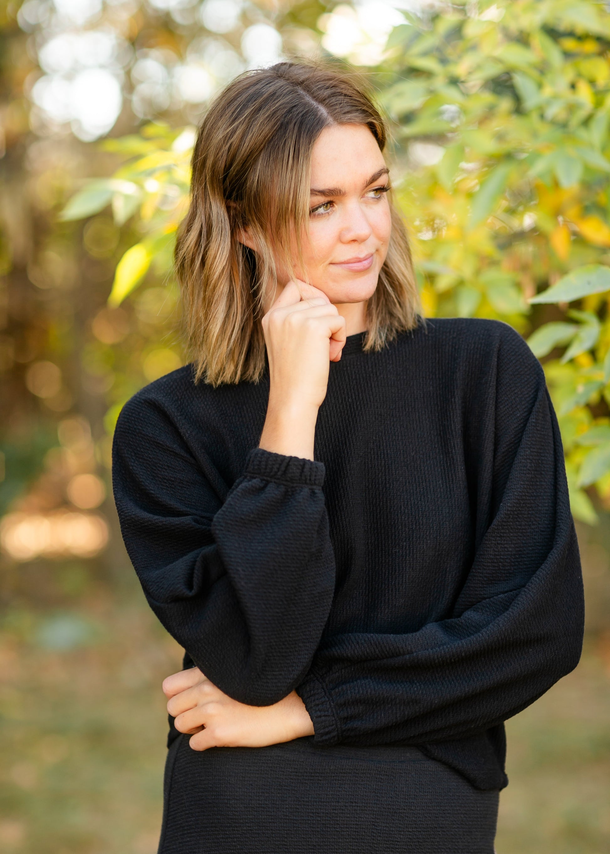 Heidi Black Textured Knit Long Sleeve Top FF Tops