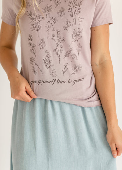 Inherit Floral Violet “give yourself time to grow” Tee FF Tops