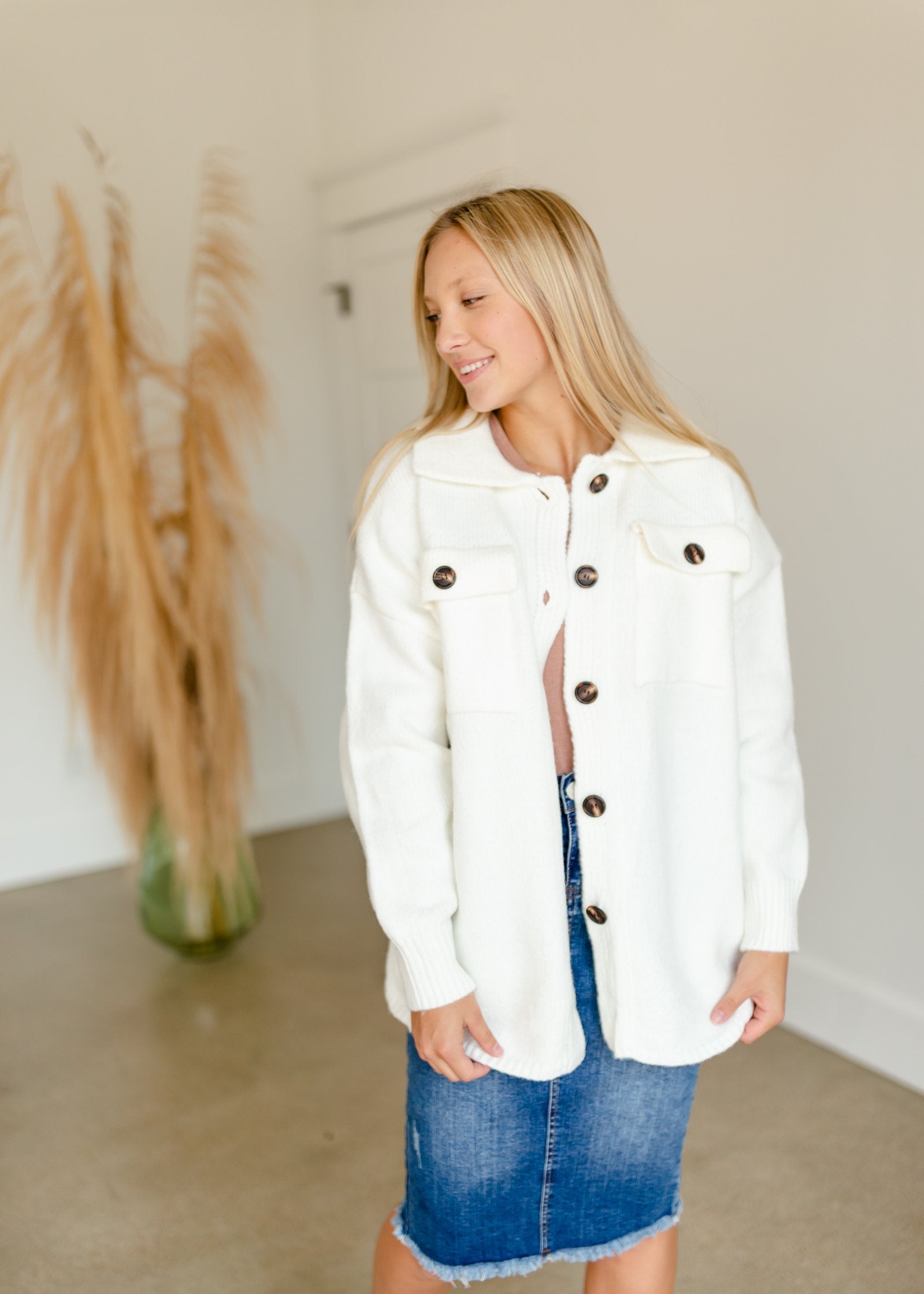 Ivory Button Down Sweater Jacket FF Tops