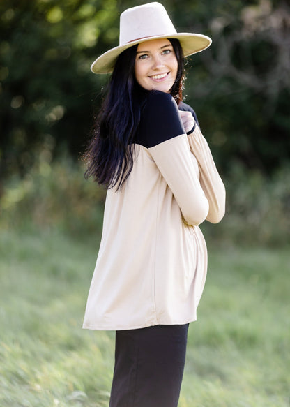 Long Sleeve Color Block Taupe + Black Top - FINAL SALE FF Tops