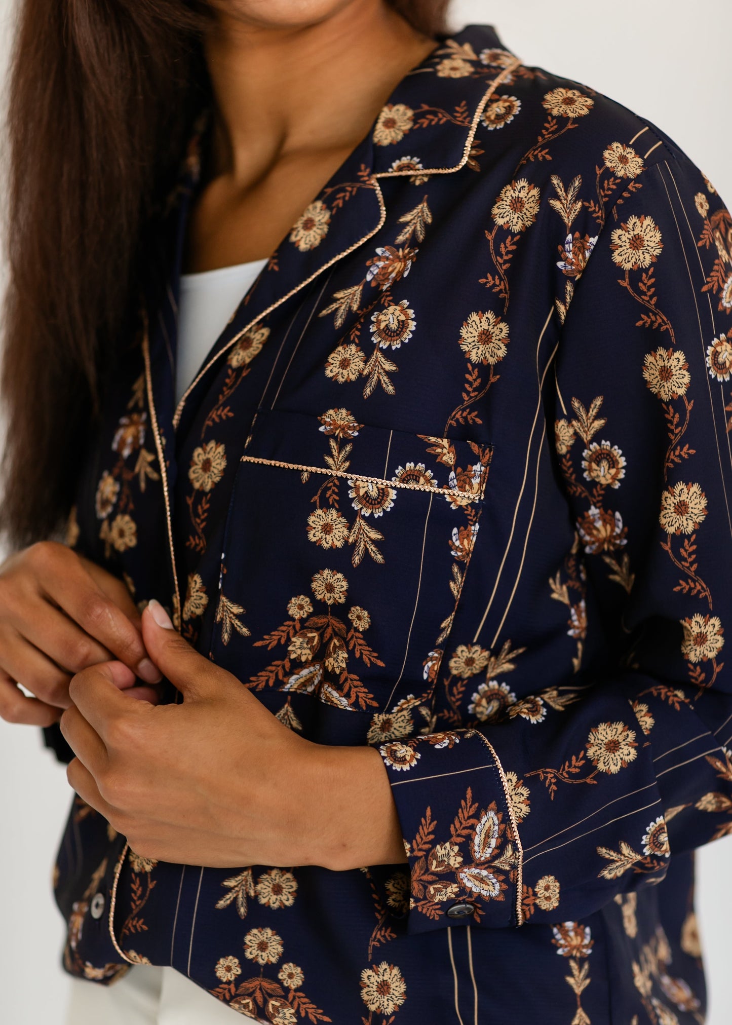 Long Sleeve Tapestry Print Button Up Top FF Tops