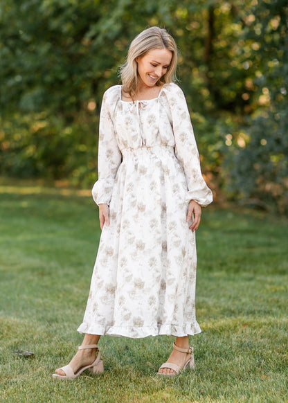 Long Sleeve Taupe Floral Square Neck Dress FF Dresses