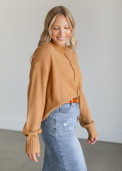 Loose Knit Camel Crewneck Sweater FF Tops