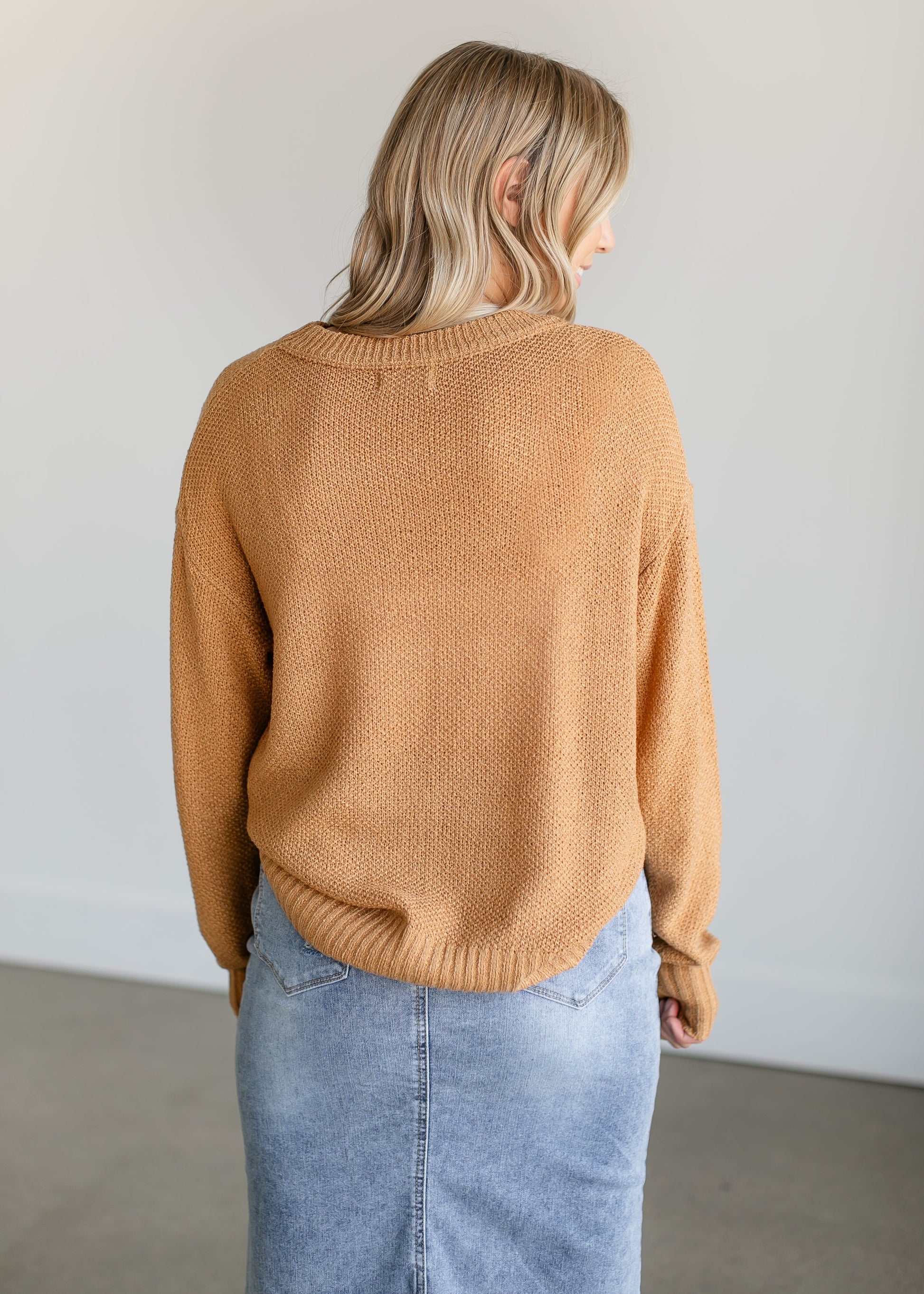 Loose Knit Camel Crewneck Sweater FF Tops