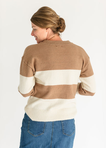 Lyra Camel Bold Stripe Crewneck Sweater FF Tops