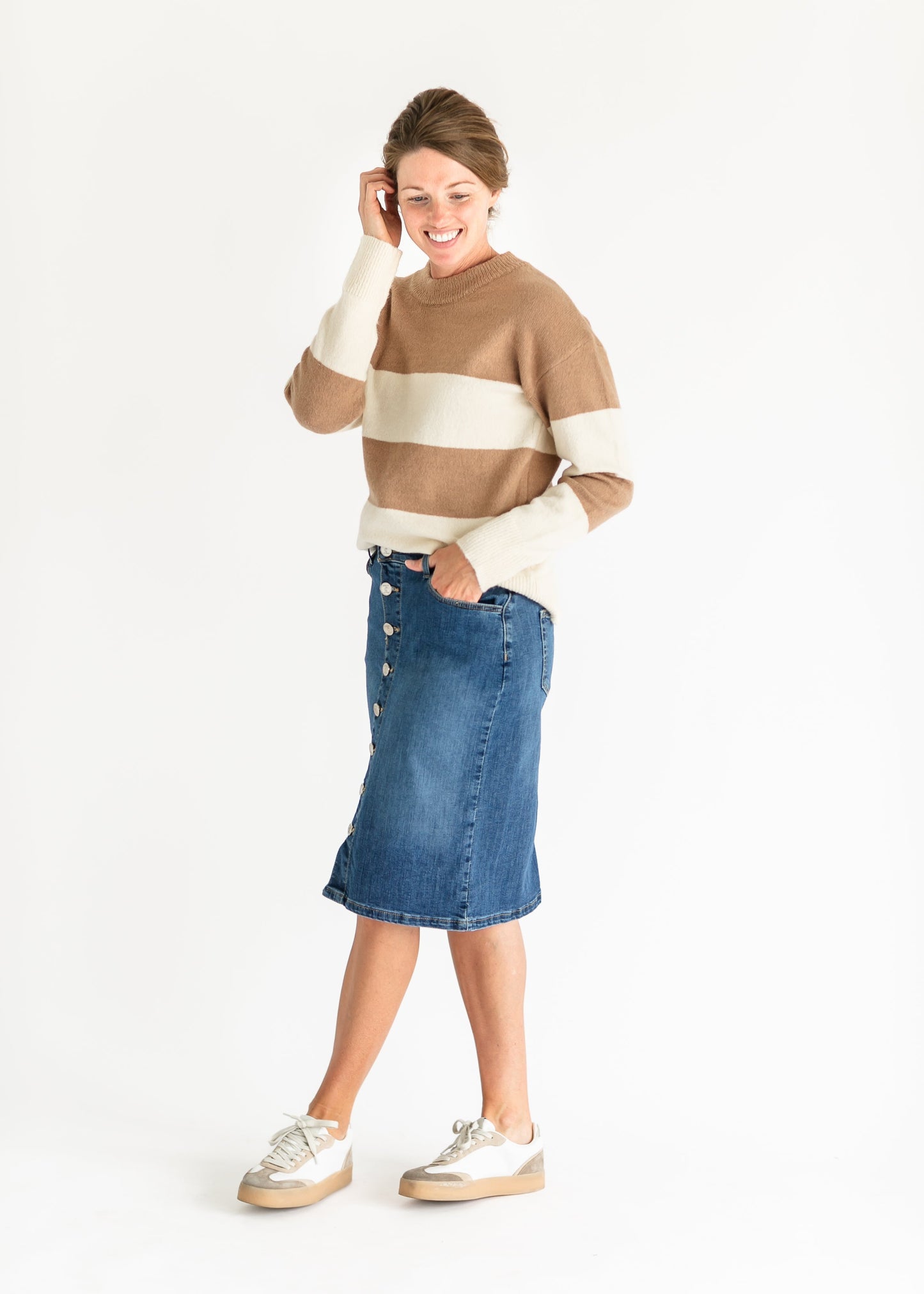 Lyra Camel Bold Stripe Crewneck Sweater FF Tops