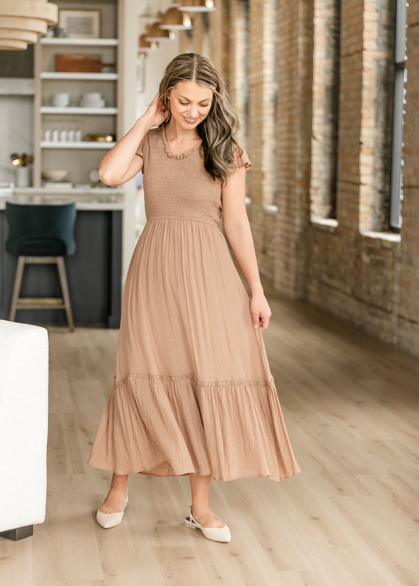 Margo Ruffle Neck Smocked Maxi Dress FF Dresses Brown / S