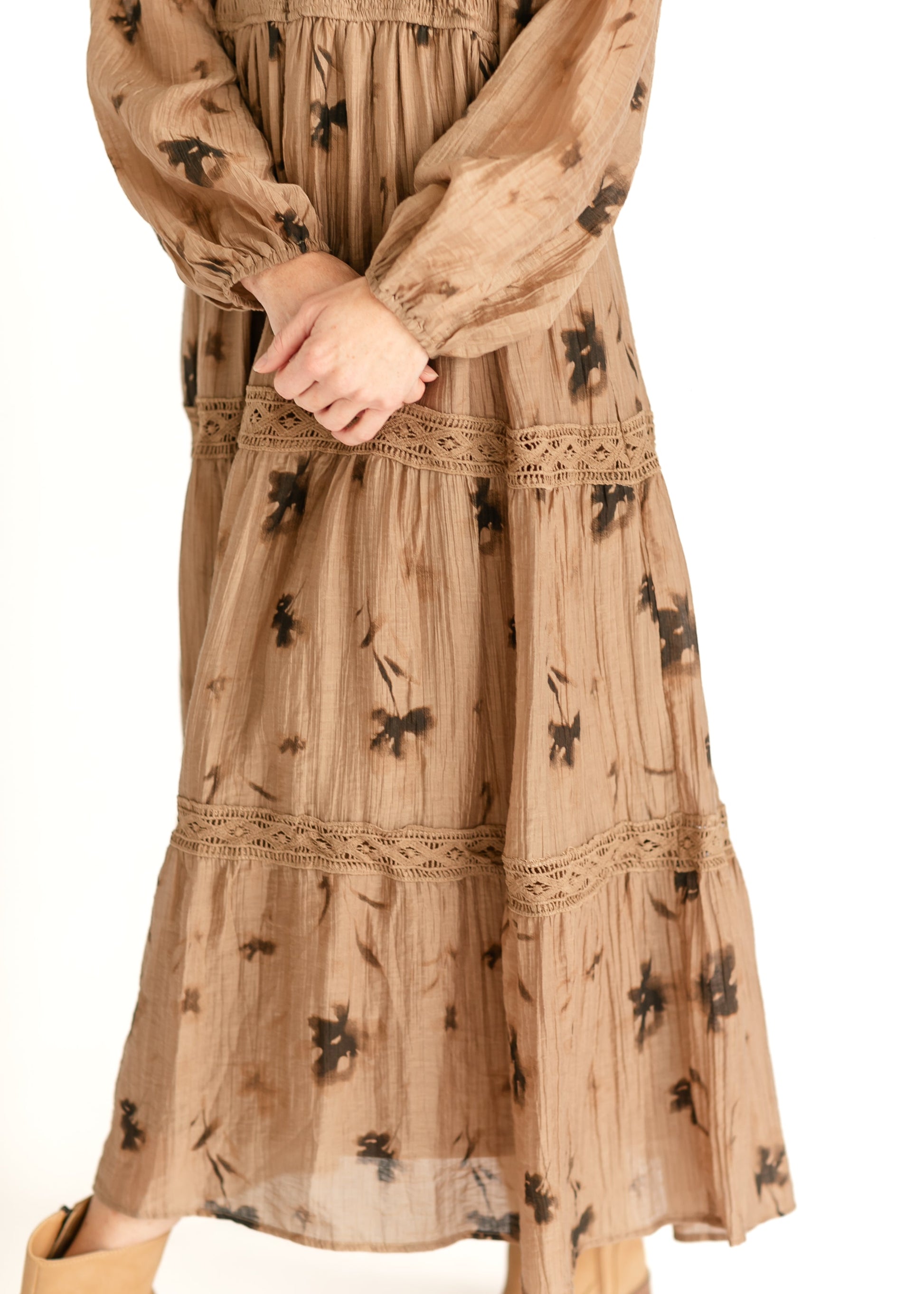 Mocha Floral V-neck Smocked Maxi Dress FF Dresses