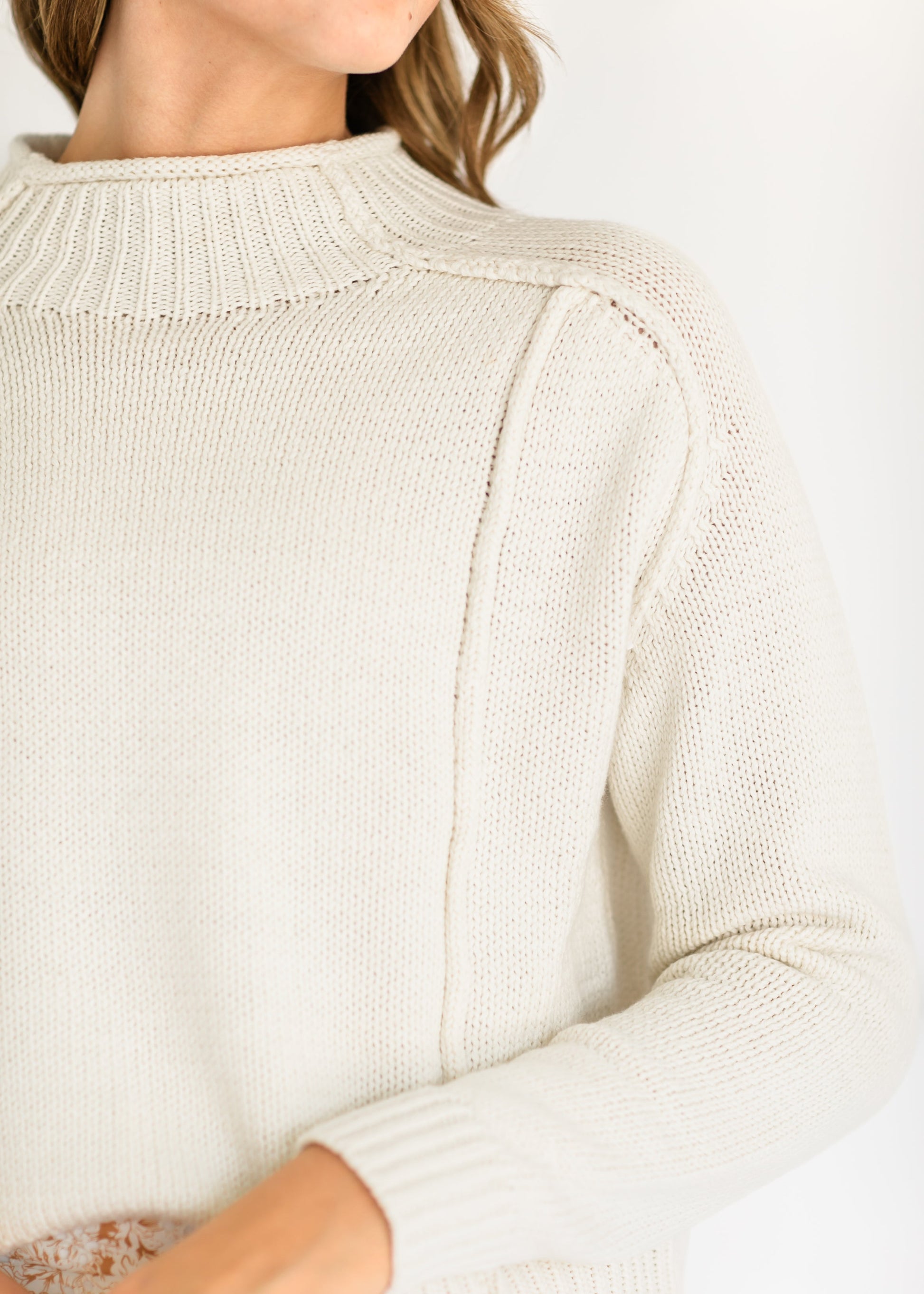 Mockneck Seamed Ivory Sweater FF Tops