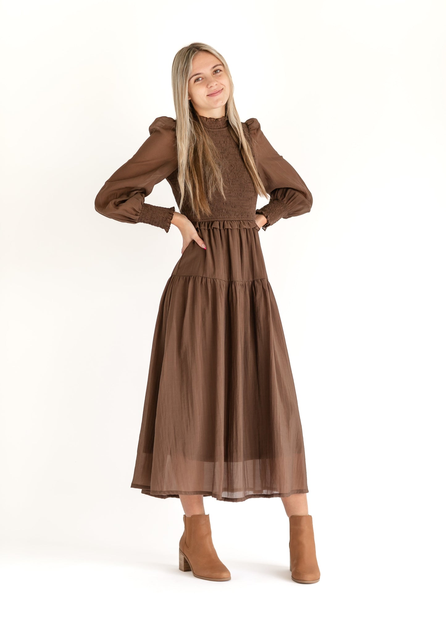 Mockneck Smocked Long Sleeve Dress FF Dresses